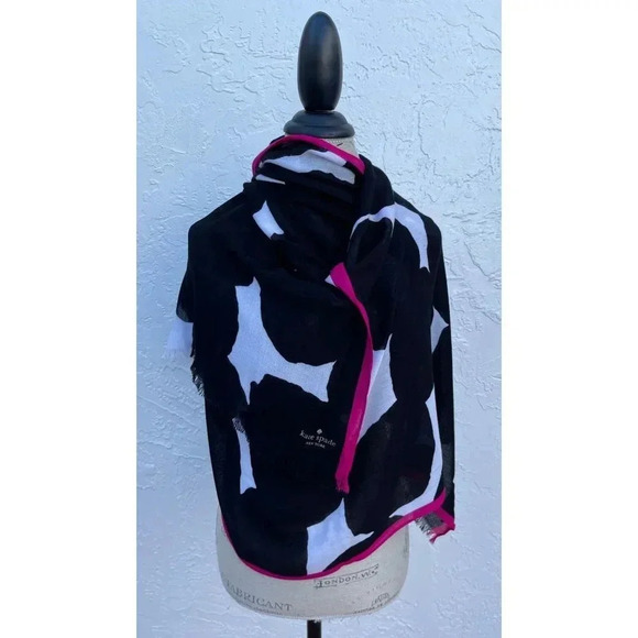 Kate Spade Womens Wool Frayed Edges Wool Scarf Shawl Black White 25x39 - Picture 2 of 8